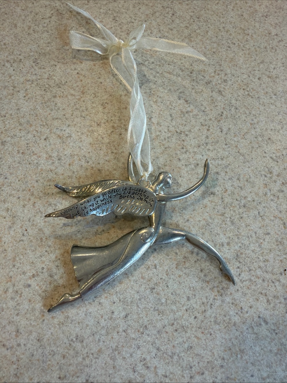 Serenity Silver Metal Angel with Ribbon with by Bertha Damon, Cannon Falls